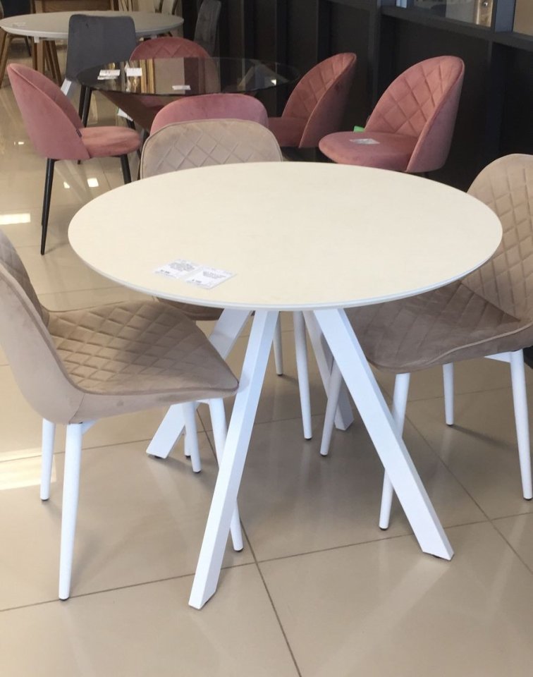 Стол Эльба Д1200 0кат, керамика Blend grigio, цвет пленки белый матовый шагрень, опоры Эльба белый м